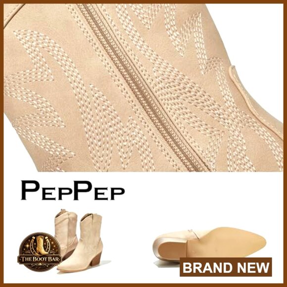 Western Ankle Boots, Vegan Leather Embroidered Upper, Low Heel - Picture 6 of 7